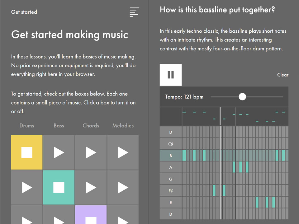Capture d'écran du site Learning Music par Ableton, les bases de la formation MAO pas à pas